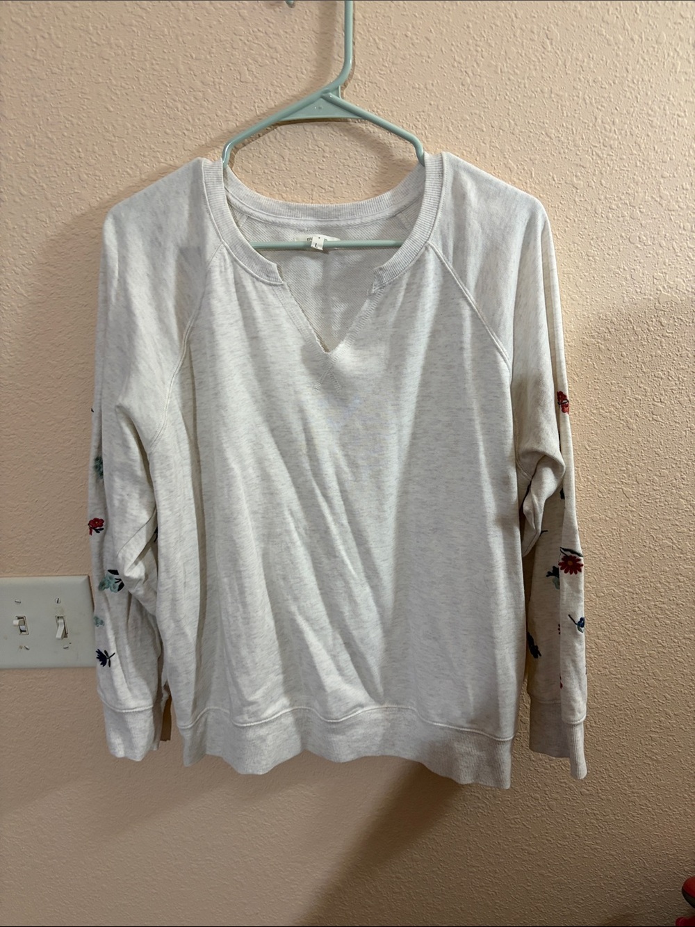 Maurices Cream Long-Sleeve Pullover with Floral Sleeve Embroidery